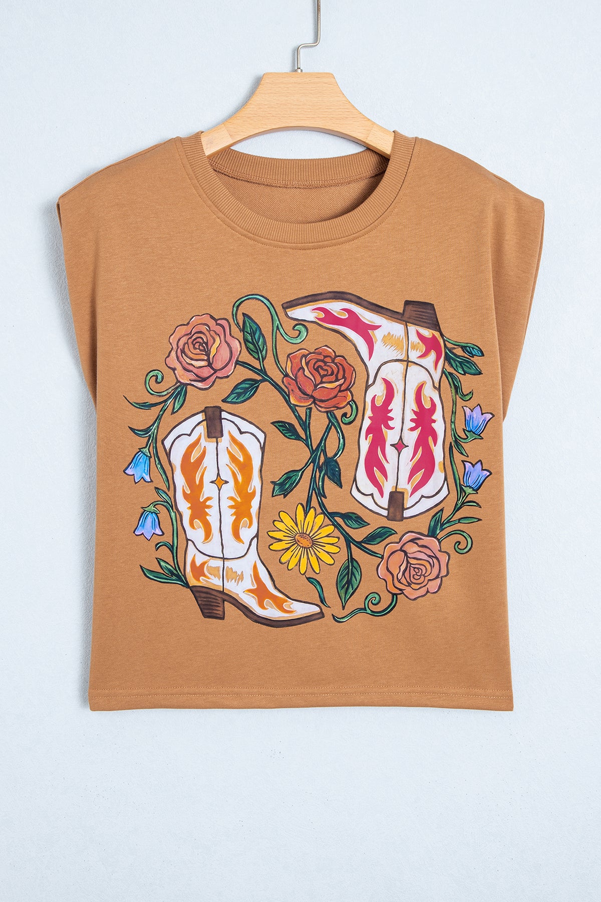 Camel Western Boots Flower Printed Sleeveless Tank Top