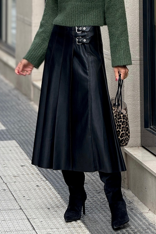 Black Faux Leather Retro Buckle Pleated Stitch Flared Midi Skirt