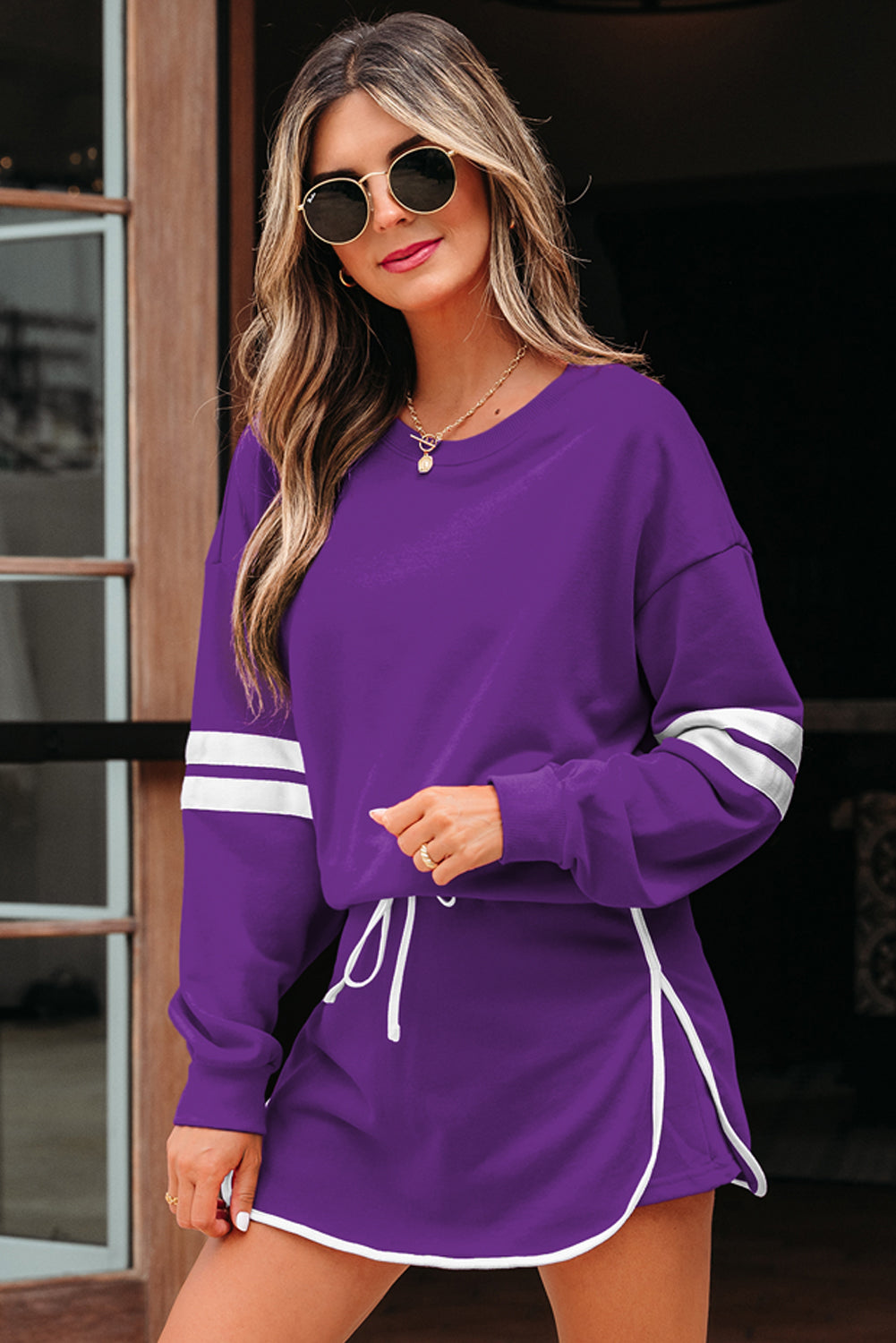 Women's Tillandsia Purple Varsity Stripe Detail Drop Shoulder Pullover Mini Skort Two-Piece Set