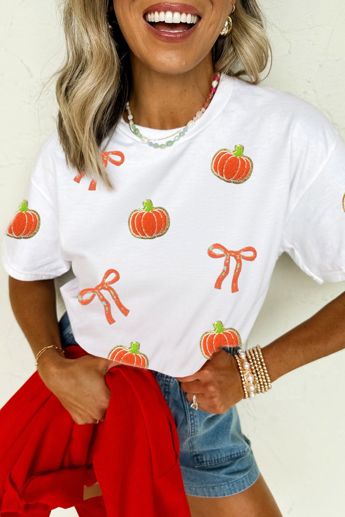 White Sequin Chenille Pumpkin Bow Pattern Casual Short T-Shirt