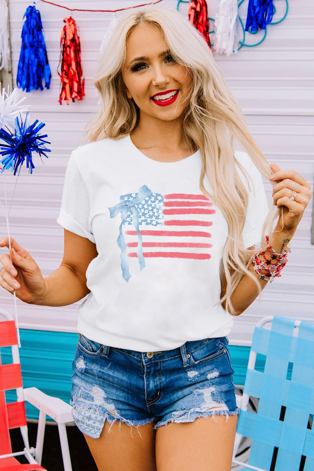 White American Flag Bow Knot Print Crew Neck T-Shirt