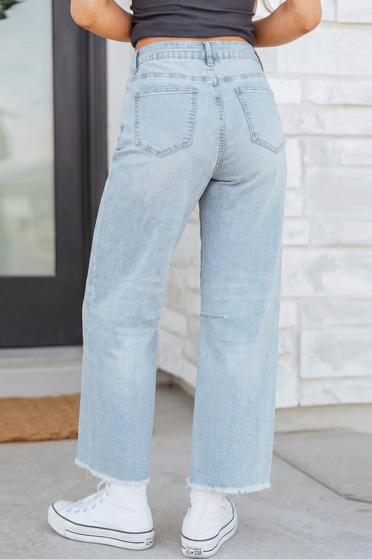 Sail Blue Frayed Cropped Barrel Jeans