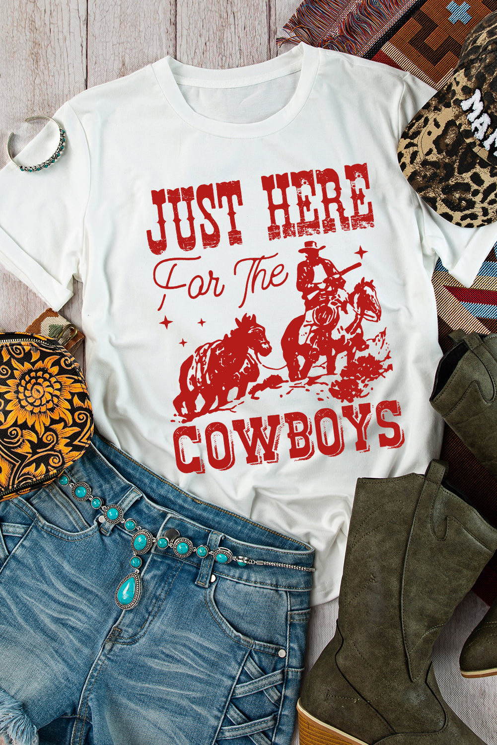 White JUST HERE For THE COWBOY Cuffed Sleeve Crew Neck T-Shirt