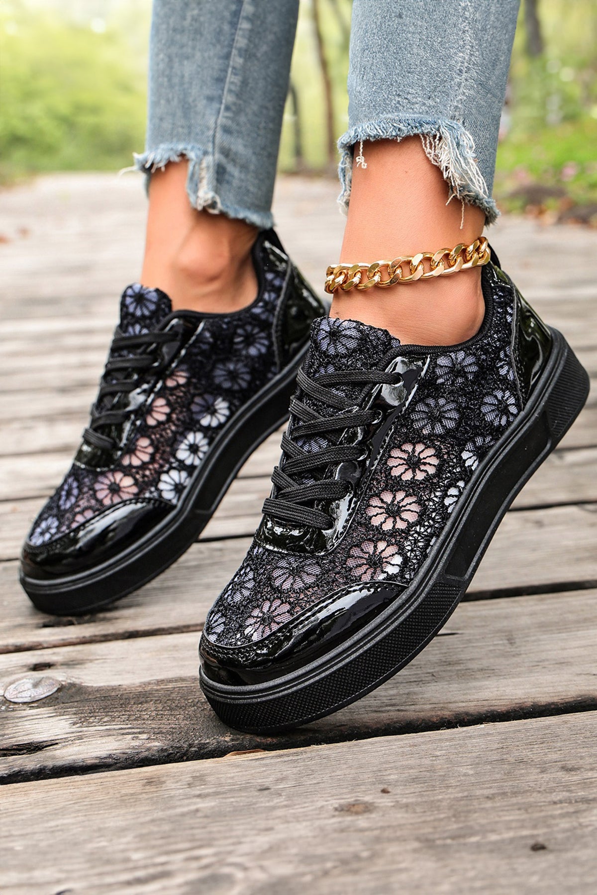 black Sheer Floral Lace Slip-On Casual Sneakers