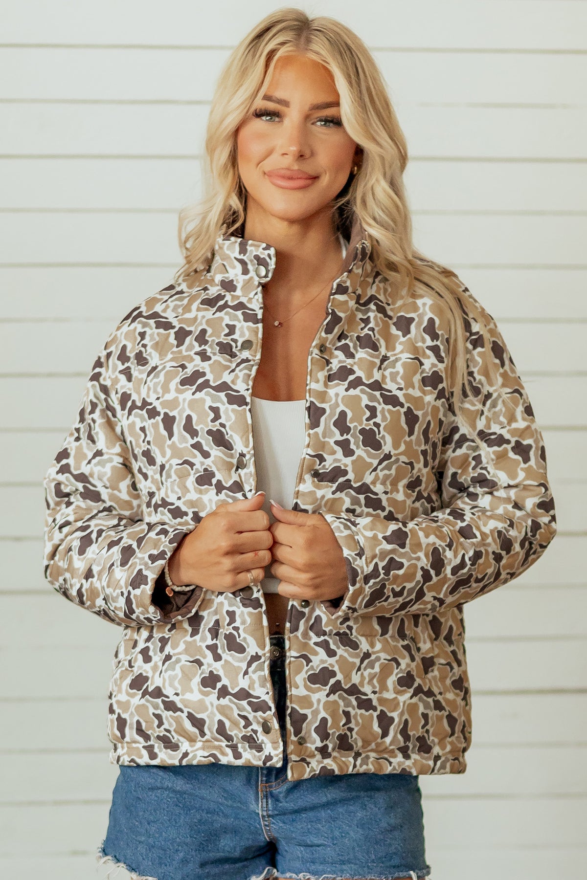 Multicolour Camouflage Quilted Metal Button Collar Puffer Coat