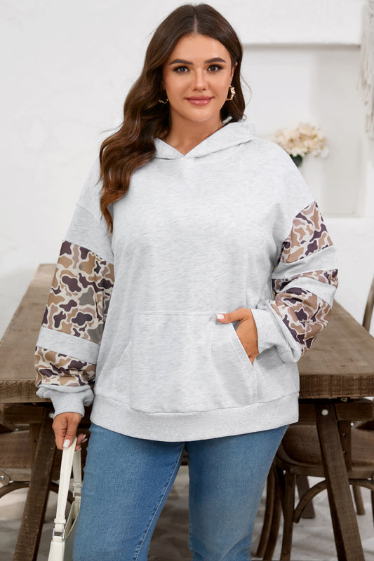 Light Grey Camouflage Asymmetric Sleeve Plus Size Hoodie