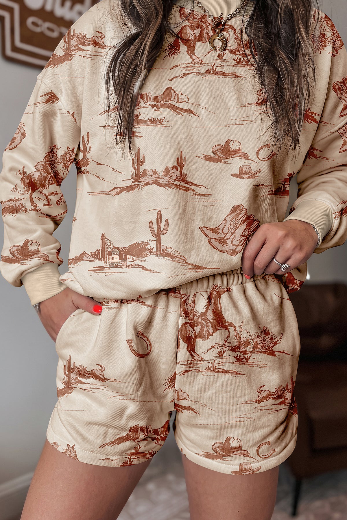 Women's Beige Western Print Loose Fit Long-Sleeve Top Shorts Set