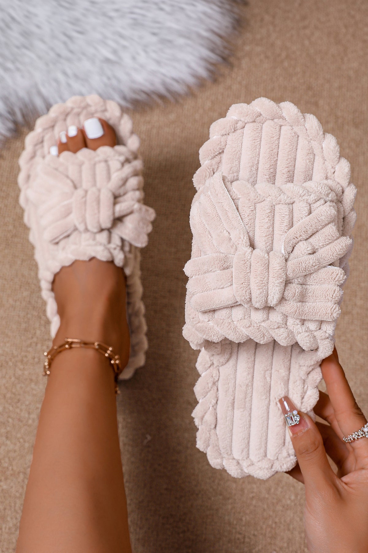 White Bow Knot Decor Corduroy Open-Toe Sandals