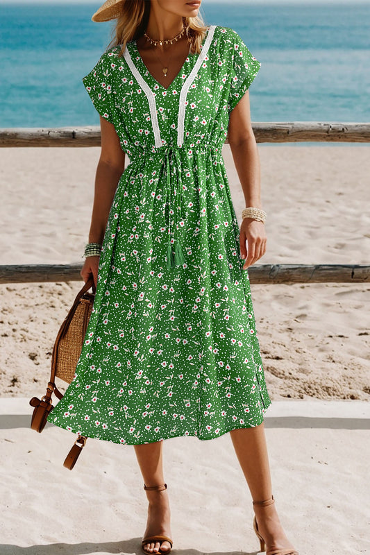 Green Embroidered V-Neck Midi Dress