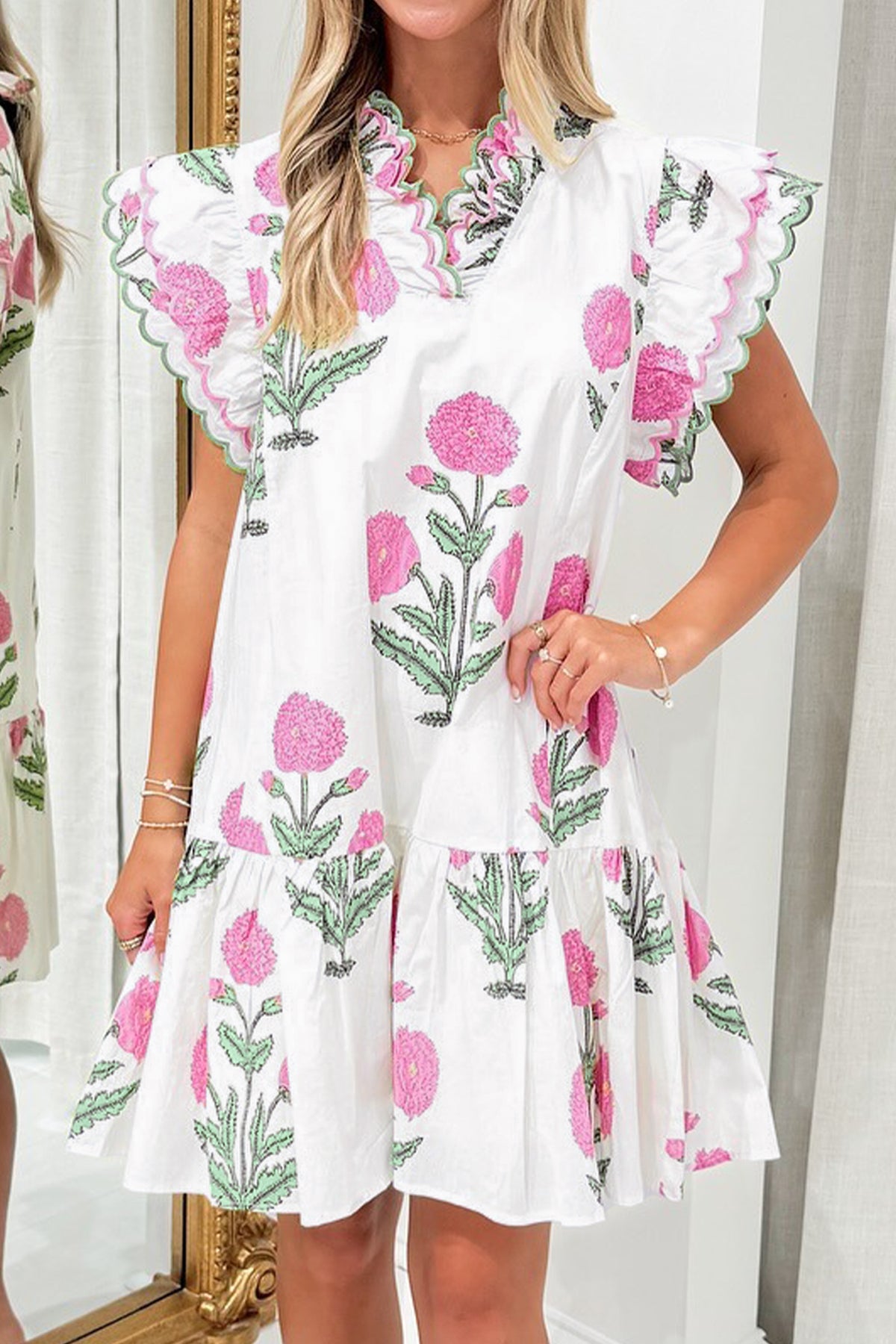 Blue Floral Embroidered V-Neck Mini Dress