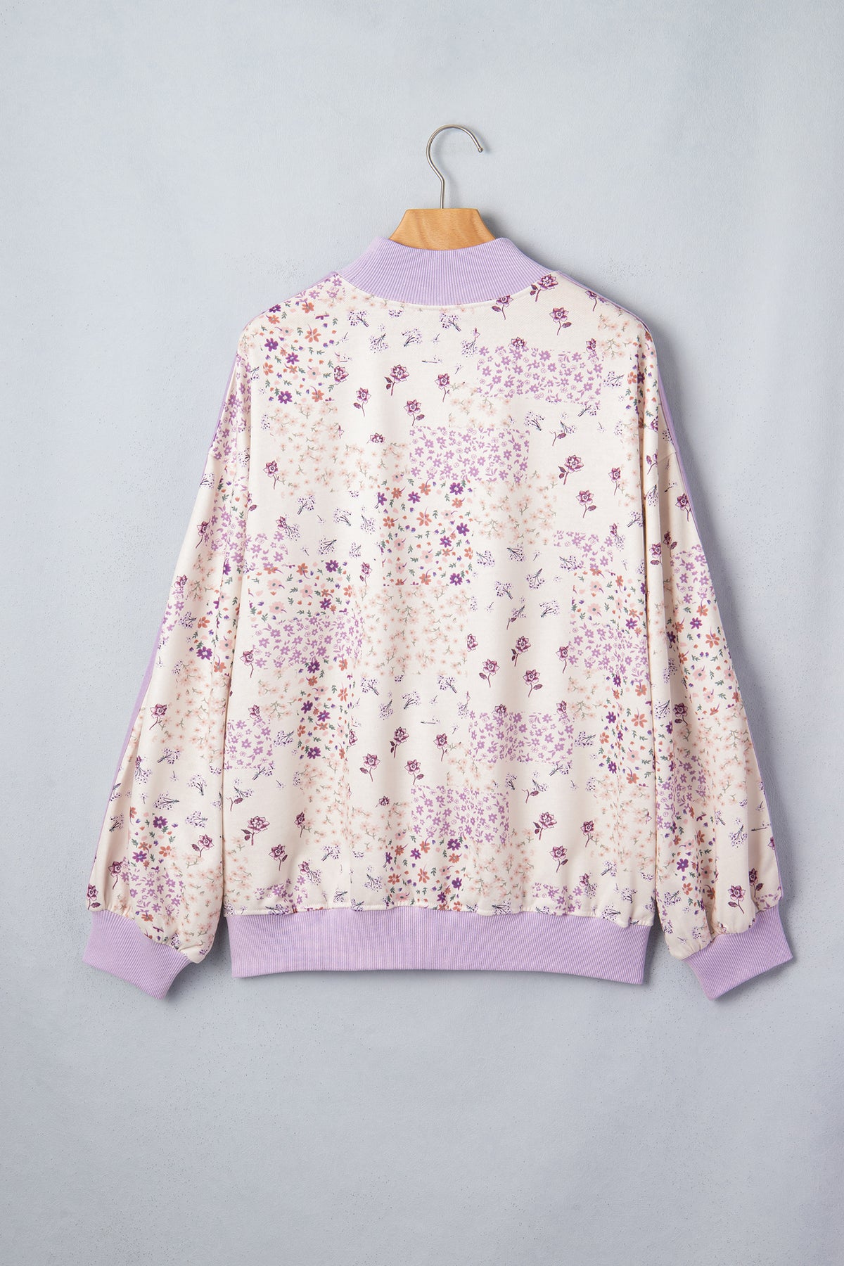 Purple Floral Print High Neck Sleeve Paneling Sweatshirt