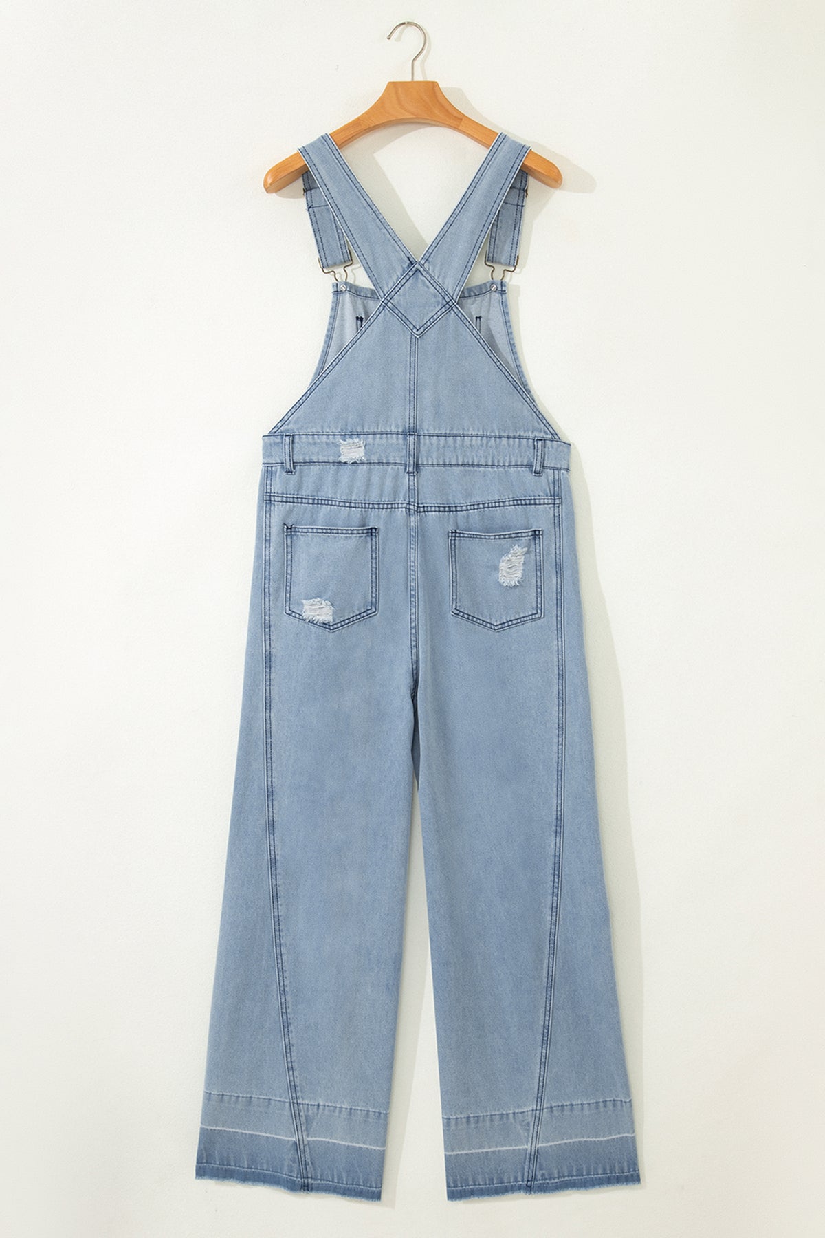 Mist Blue Retro Distressed Button Adjustable Straps Denim Jumpsuit