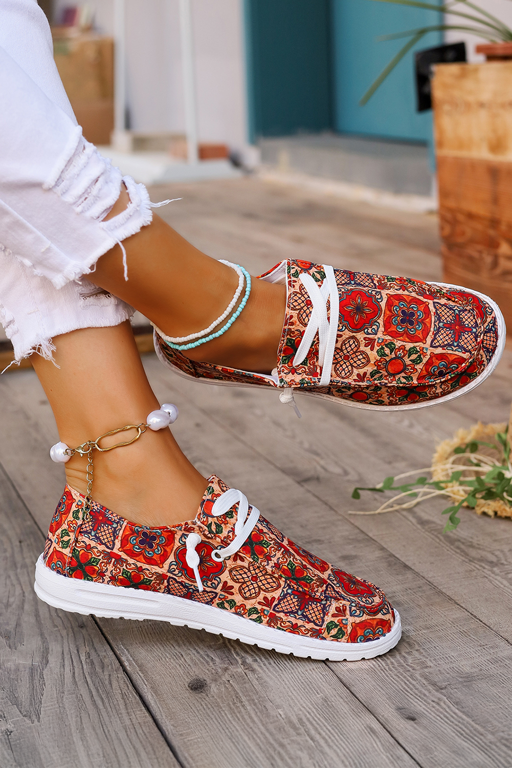 Fiery Red Western Printed Lacing Flat Slip-On Shoes