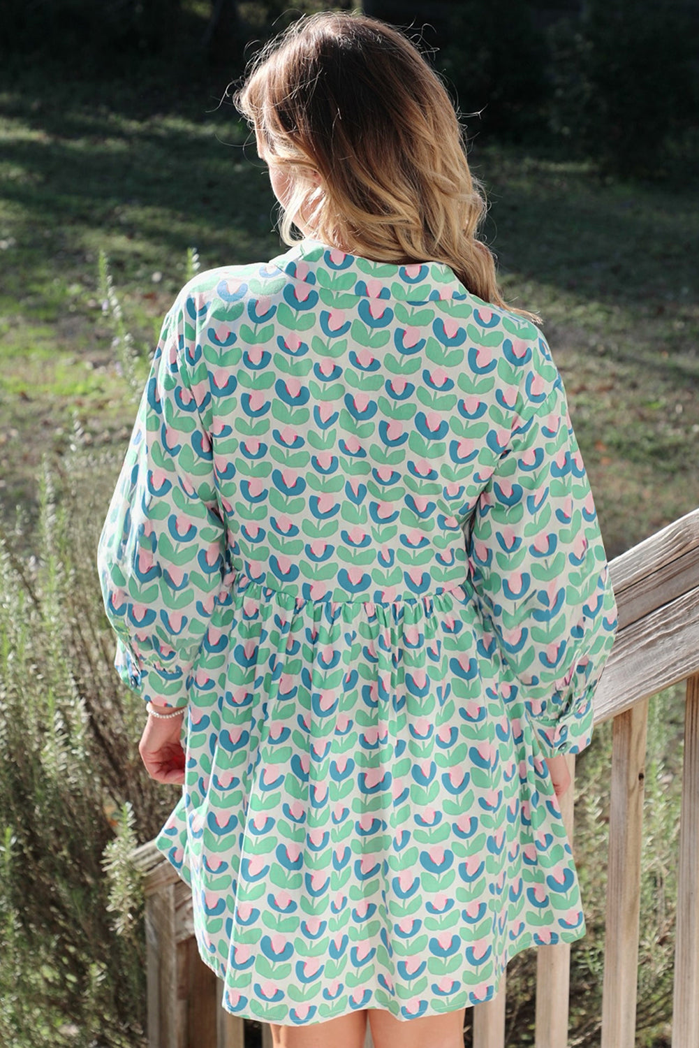 Green Floral Print Notched Neck Scalloped Long Sleeve Mini Dress