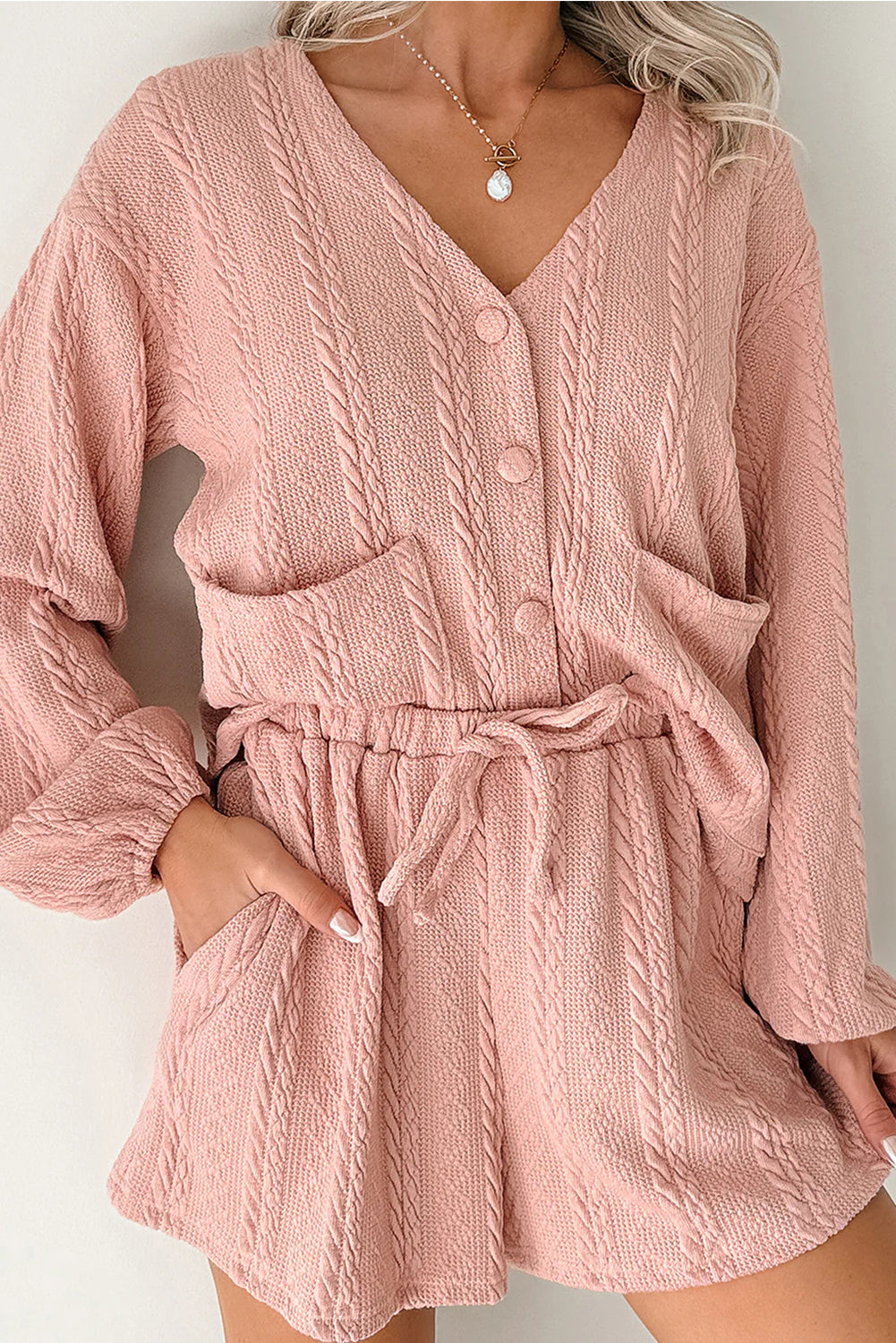 Women's Gossamer Pink Cable Knit V-Neck Cardigan Shorts Set