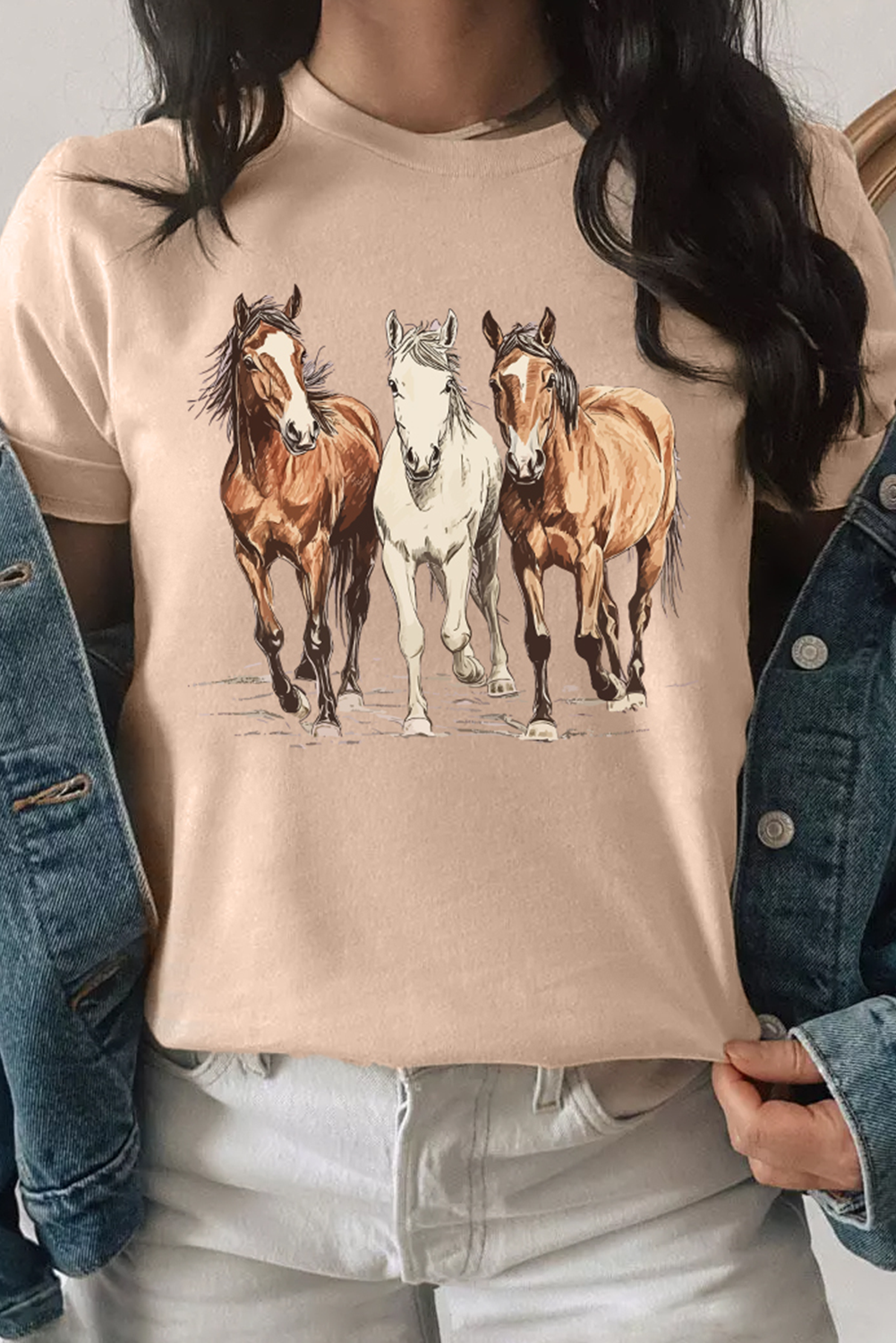 Khaki Gallant Horses Printed Casual T-Shirt