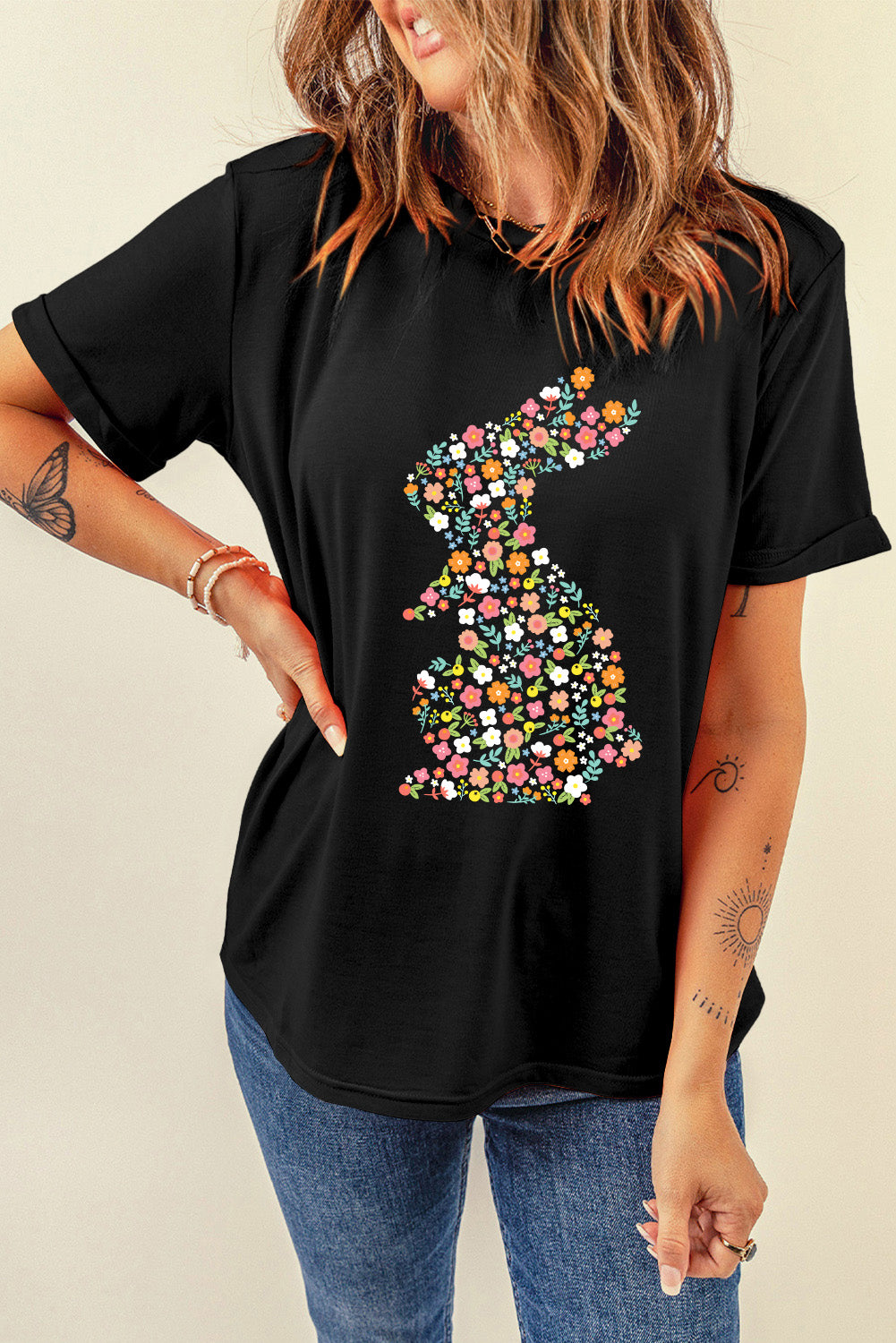 Black Colorful Floral Bunny Graphic Easter T-Shirt