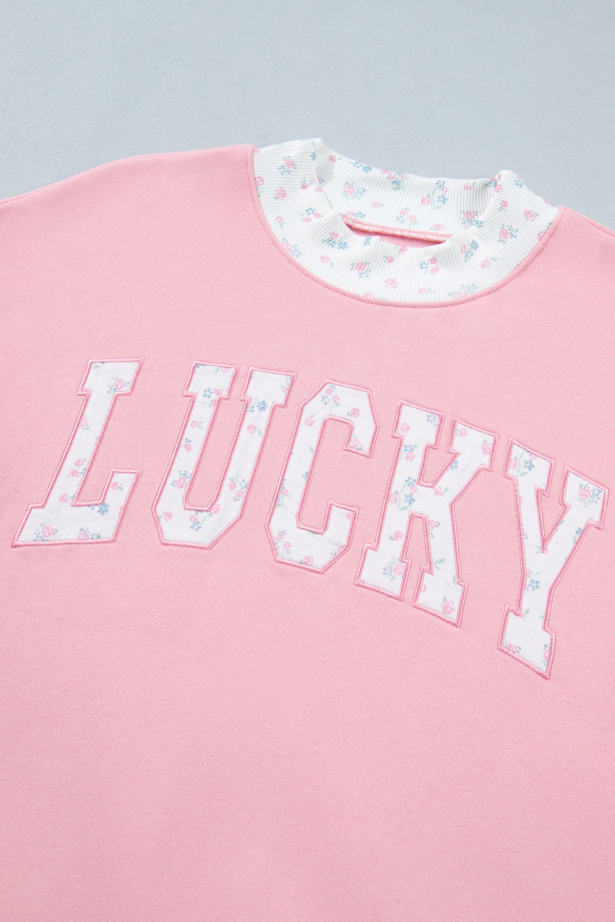 Pink High Neck Floral Patch Embroidery Sweatshirt