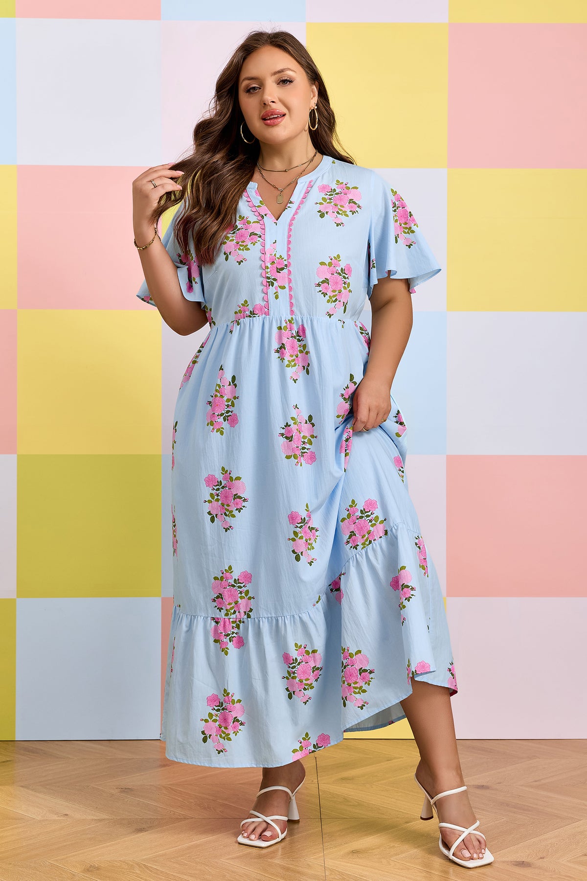 Sky Blue Plus Size Floral Print Scalloped Trim V-Neck Dress