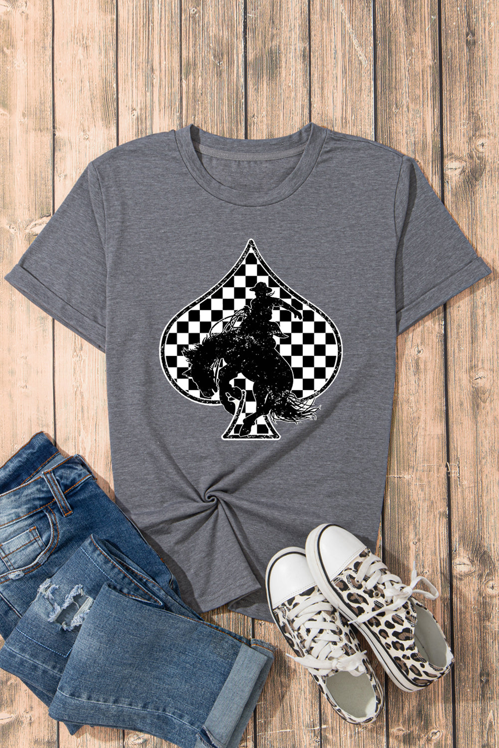 Gray Redeo Check Spades Western Graphic T-Shirt