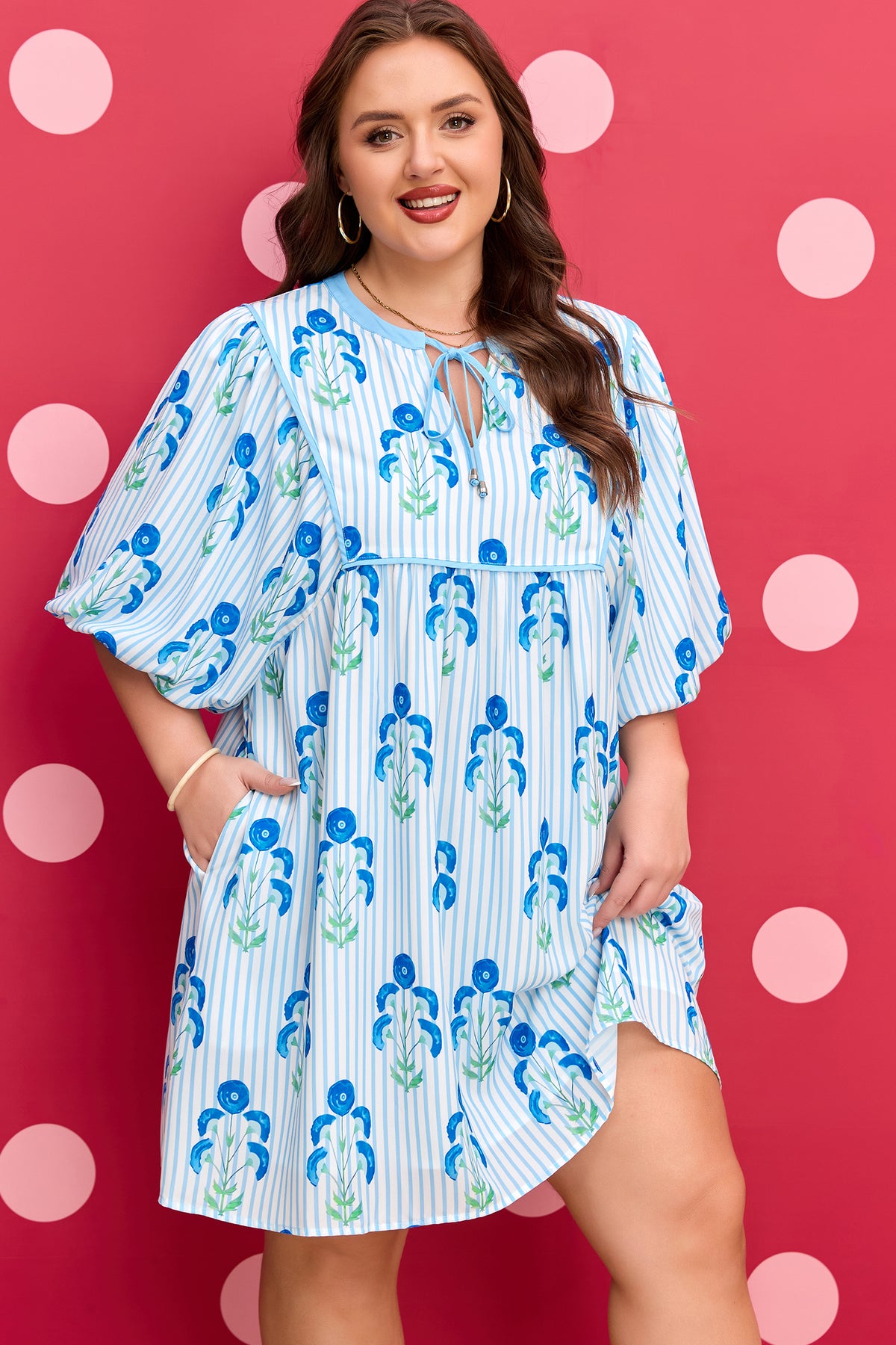Sky Blue Floral Striped Bubble Short-Sleeve Plus Size Dress