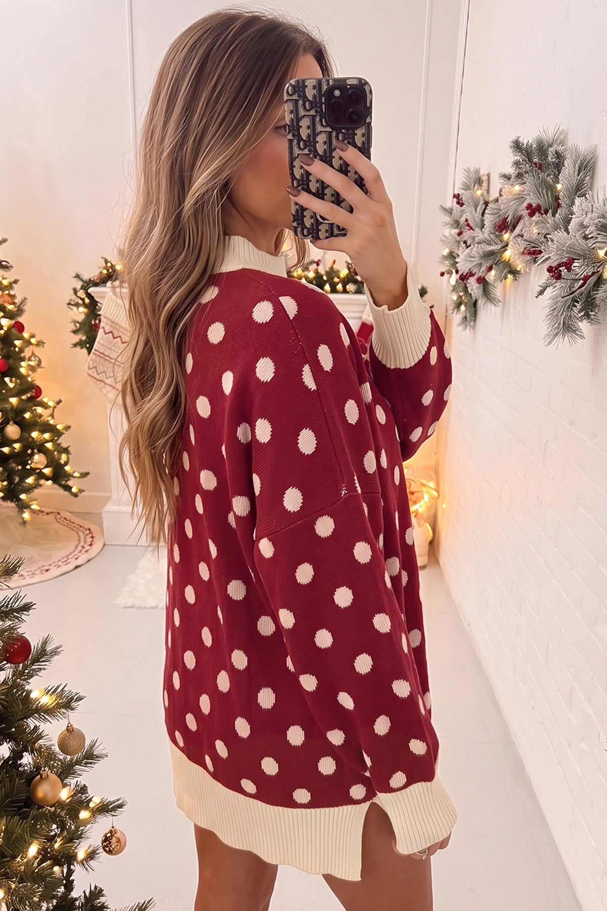 Green Polka Dot Pattern Ribbed Colorblock Trim Split Tunic Sweater
