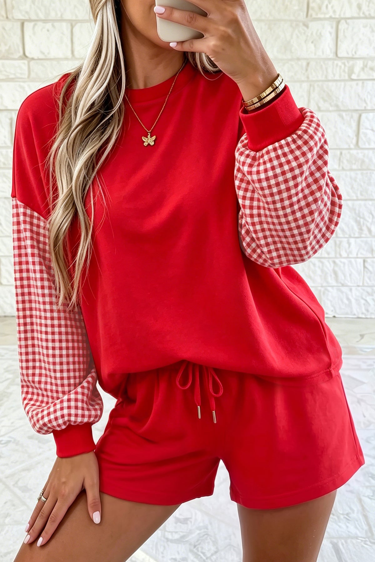 Women's Red Plaid Patchwork Long-Sleeve Top Solid Drawstring Shorts Set