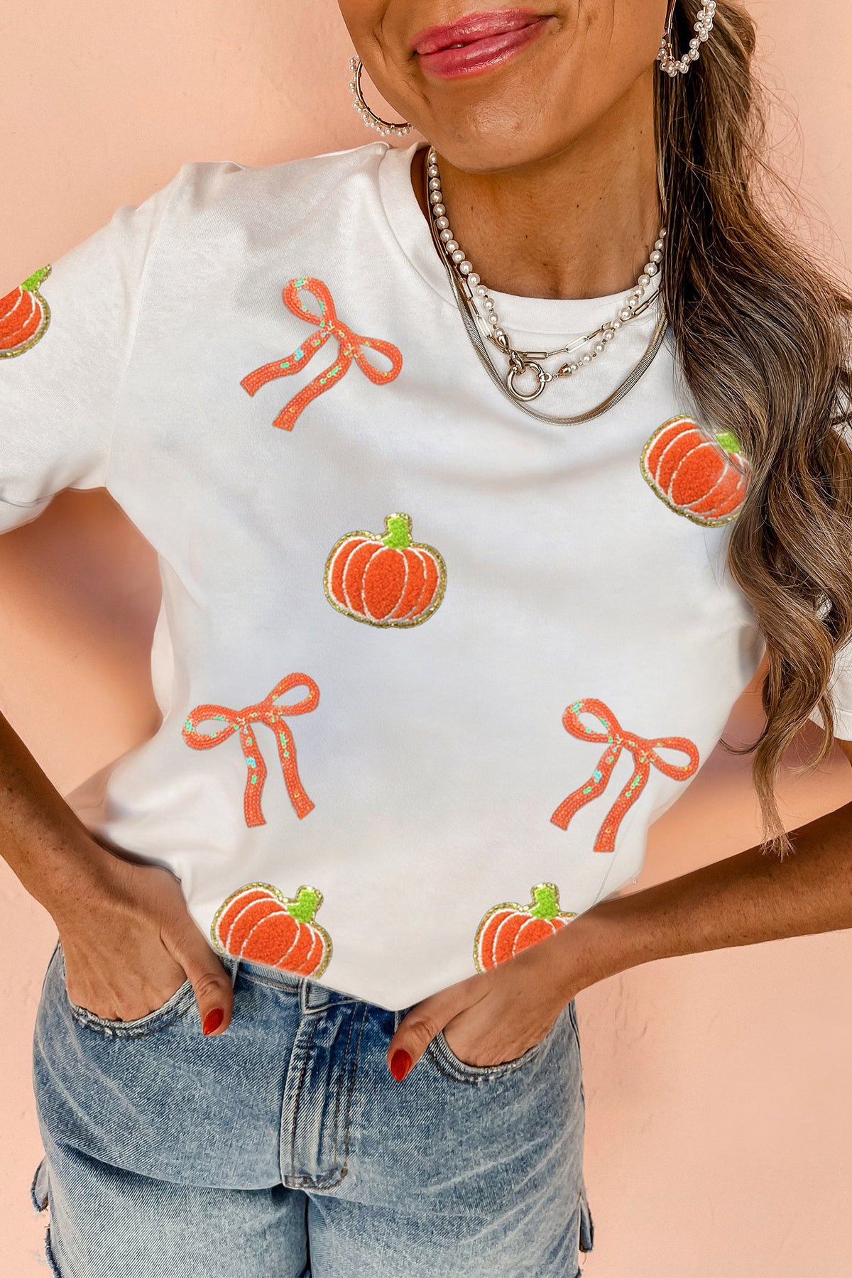 White Sequin Chenille Pumpkin Bow Pattern Casual Short T-Shirt