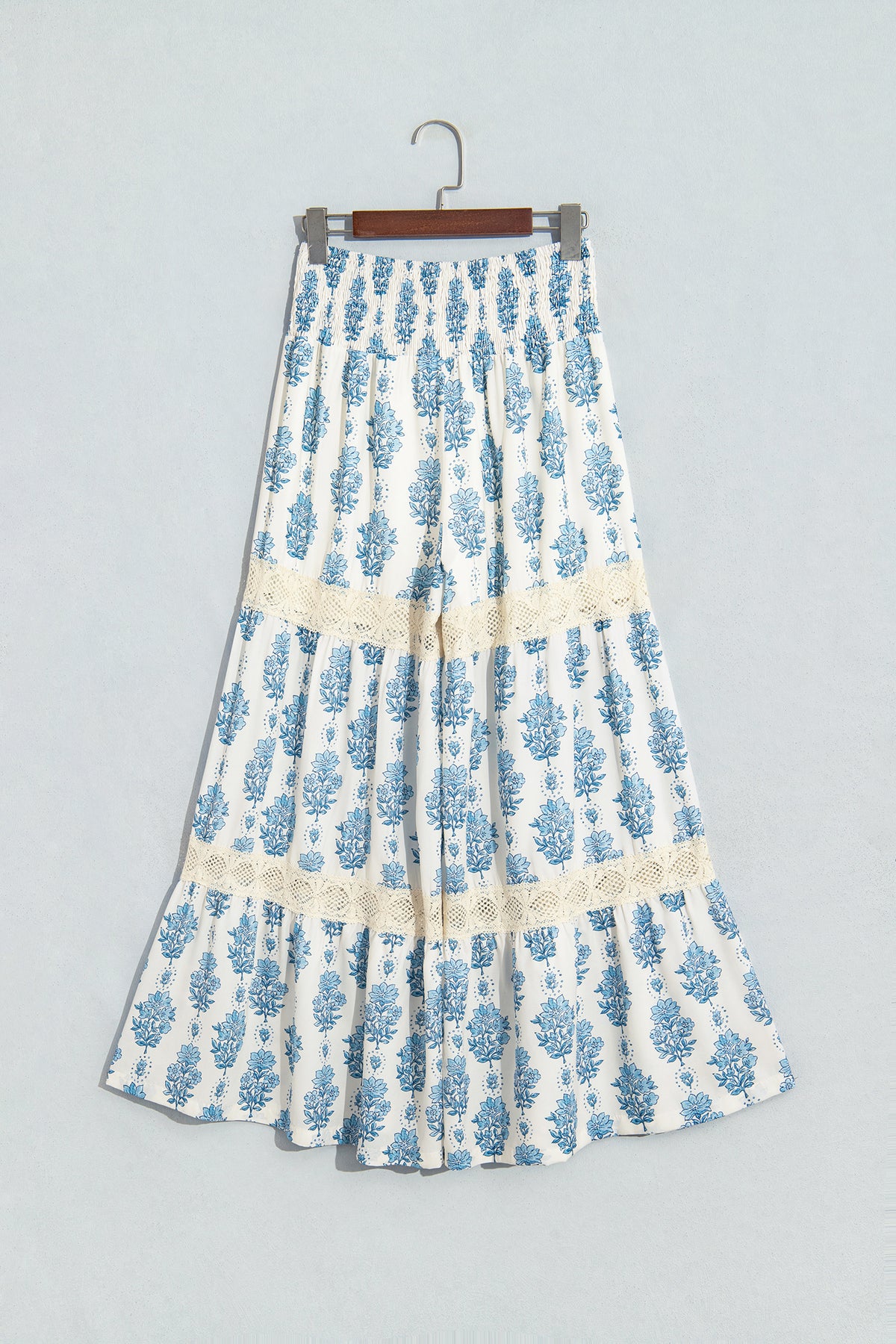 Sky Blue Floral Print Lace Patchwork Wide Leg Pants