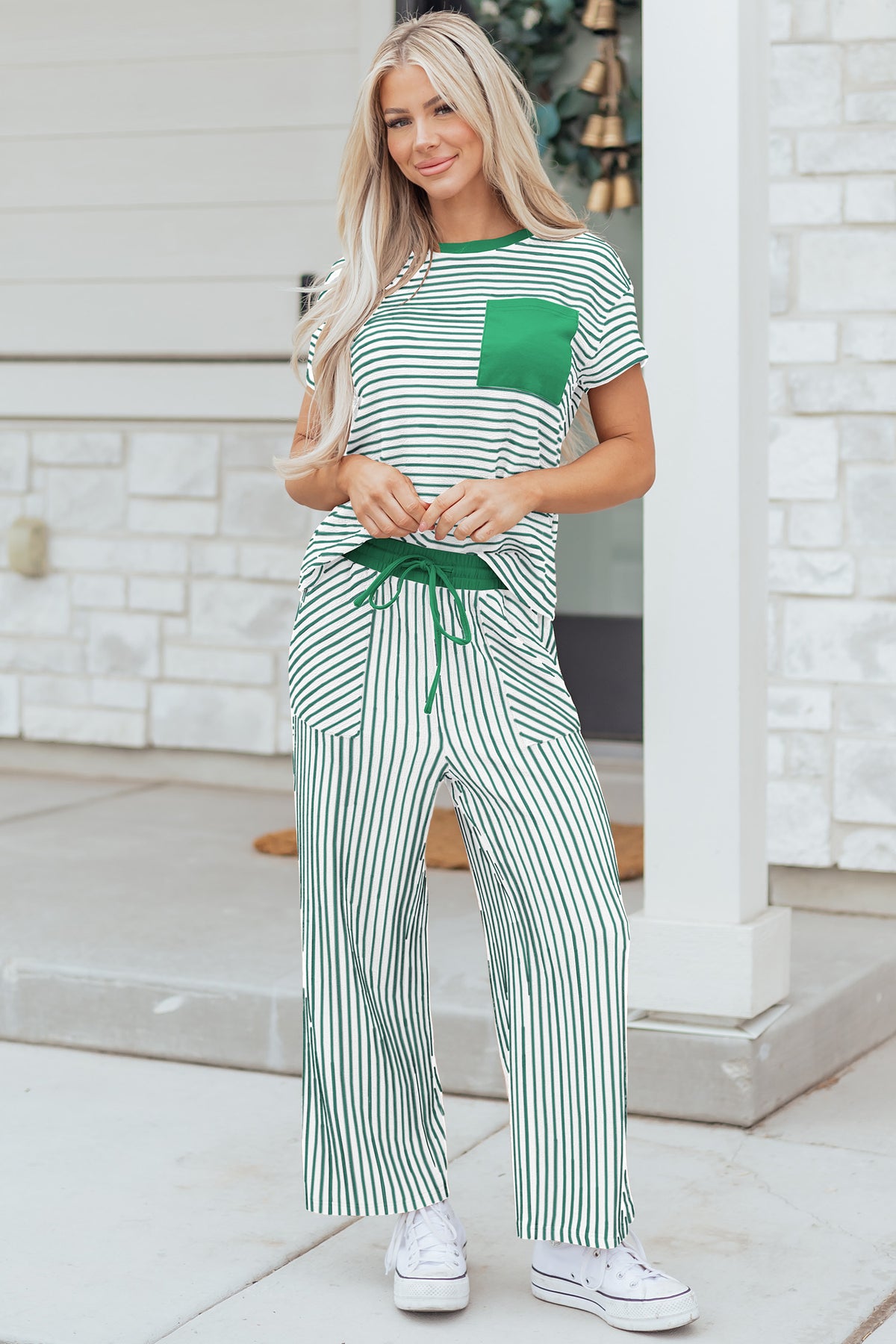 Women's Green Stripe Crewneck Tee Waist Cropped Pants Set