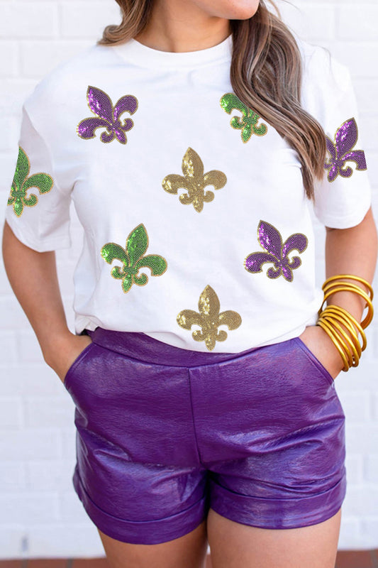 White Mardi Gras Fleur De Lis Sequin Graphic T-Shirt