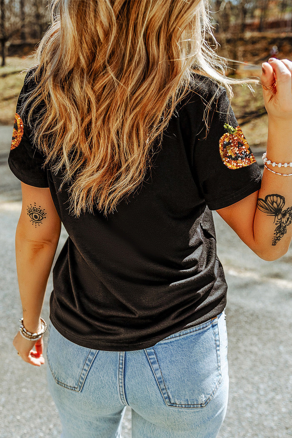 Black Sequin Pumpkin Face Halloween T-Shirt