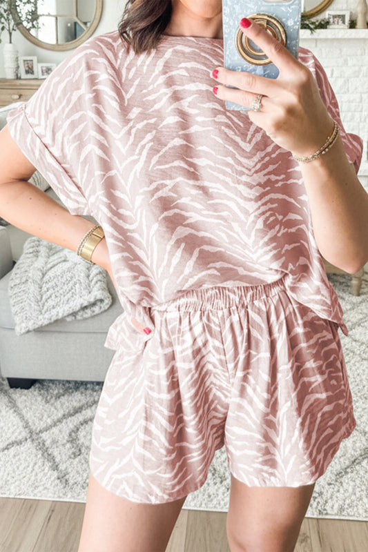 Khaki Abstract Print Cuffed Short Sleeve Loose Top Short Set