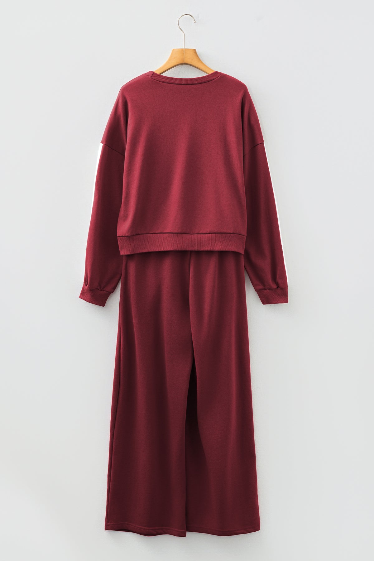 Women's Burgundy Varsity Striped Long-Sleeve Pullover Sweatpants Set