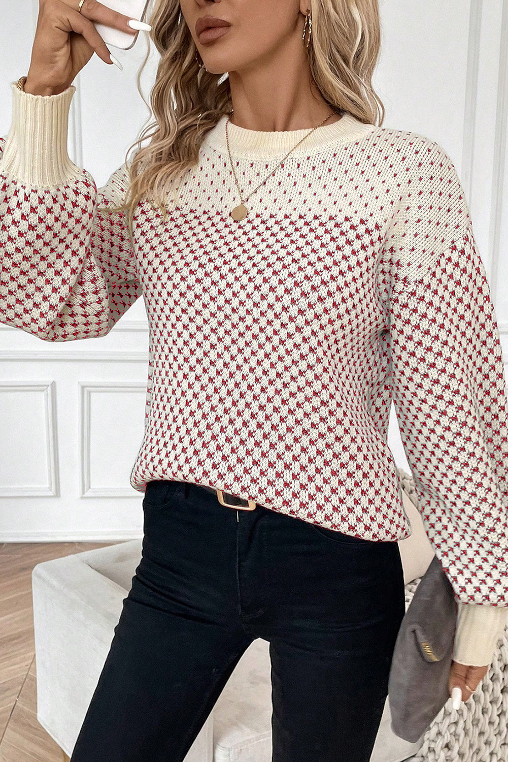 Red Contrast Color Pattern Lantern Sleeve Sweater
