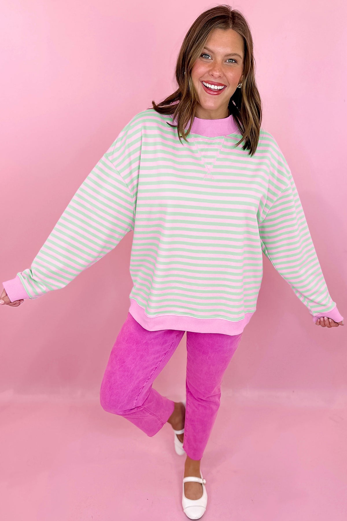 Green Stripe Striped Stand Neck Sweatshirt