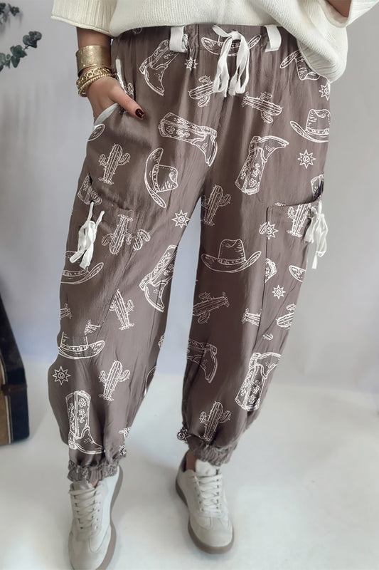 Khaki Western Cactus Cowgirl Hat Boot Printed Vintage Drawstring Pants