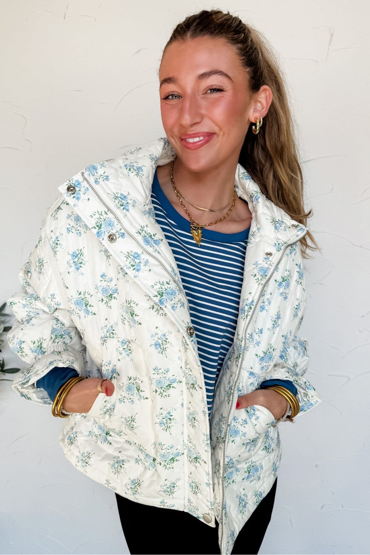 Sky Blue Floral Quilted Flounce Sleeve Puffer Coat