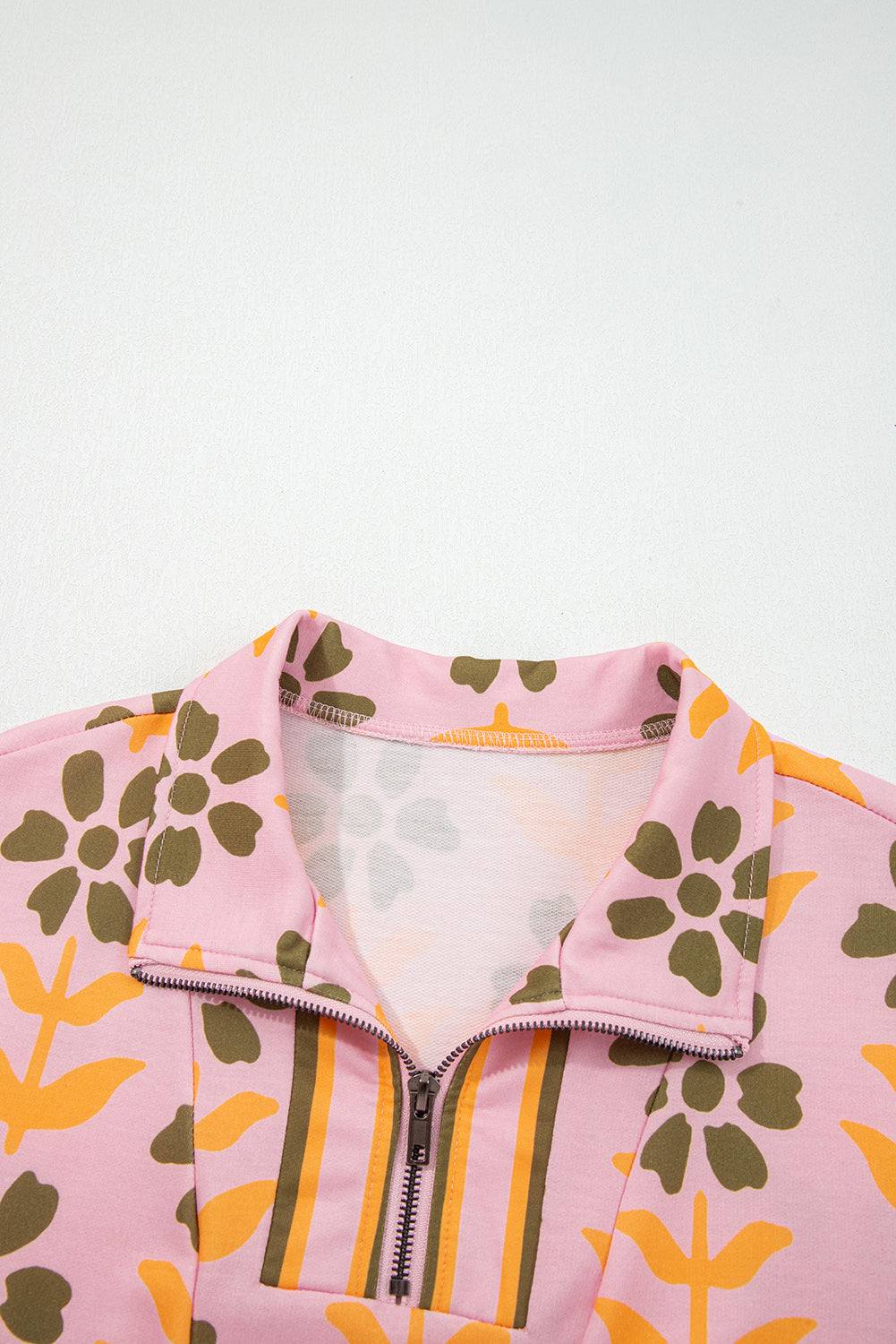 Pink Floral Print Zip Neck Striped Patchwork Long Sleeve Drawstring Dress