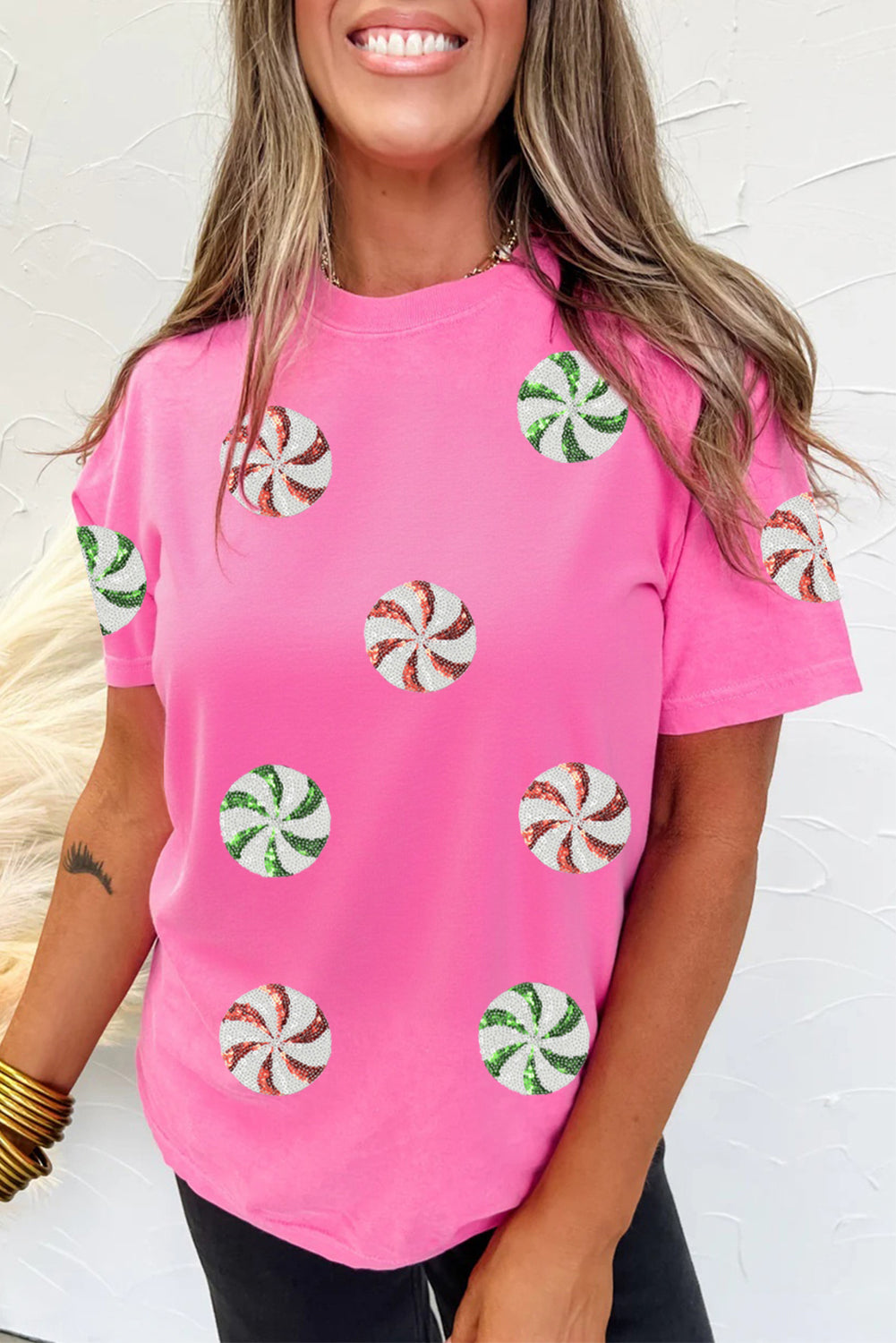 Sachet Pink Sequined Peppermint Pattern Christmas Custom T-Shirt