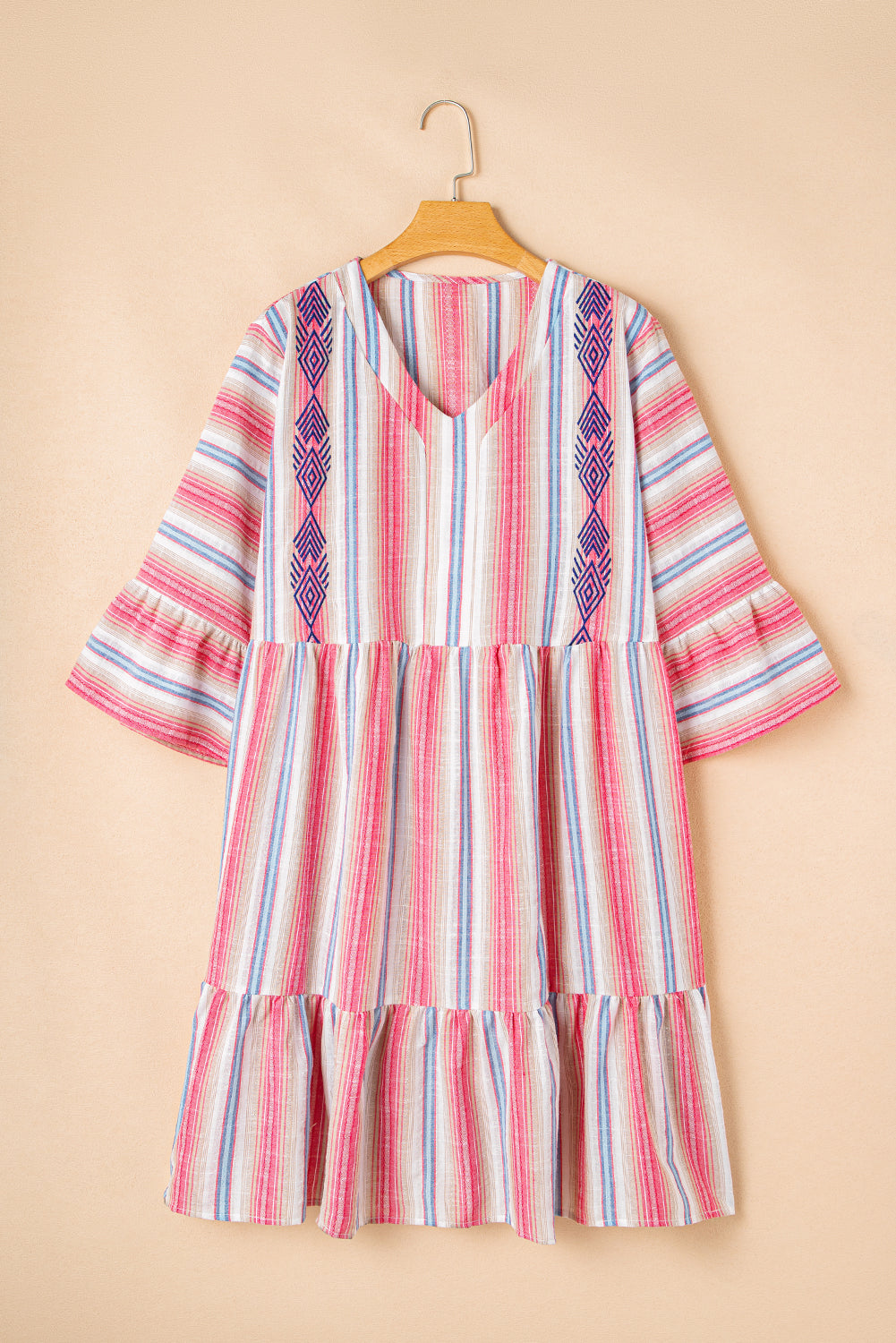 White Stripe Plus Size Embroidered Detail Flared 3/4 Sleeve V-Neck Dress
