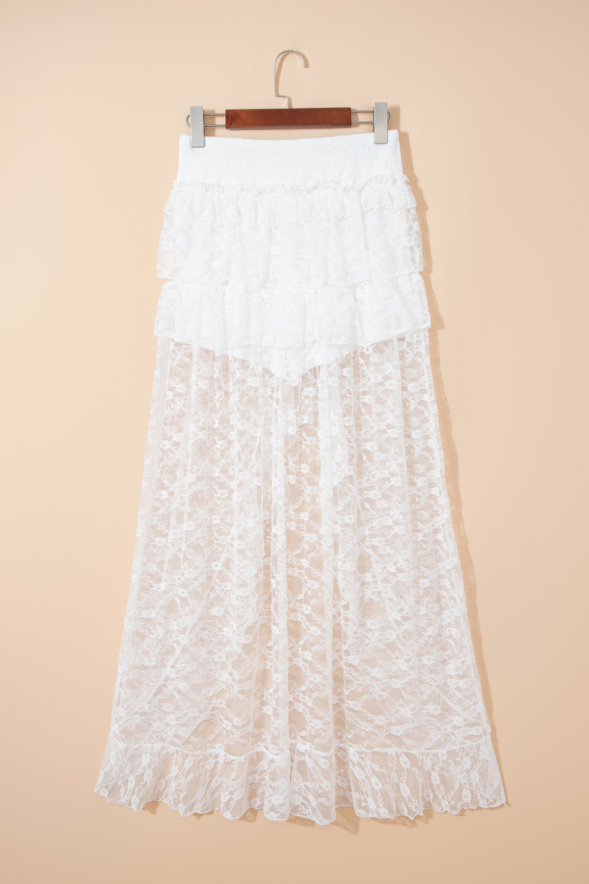White Sheer Lace Frilly Ruffles High Low Long Skirt