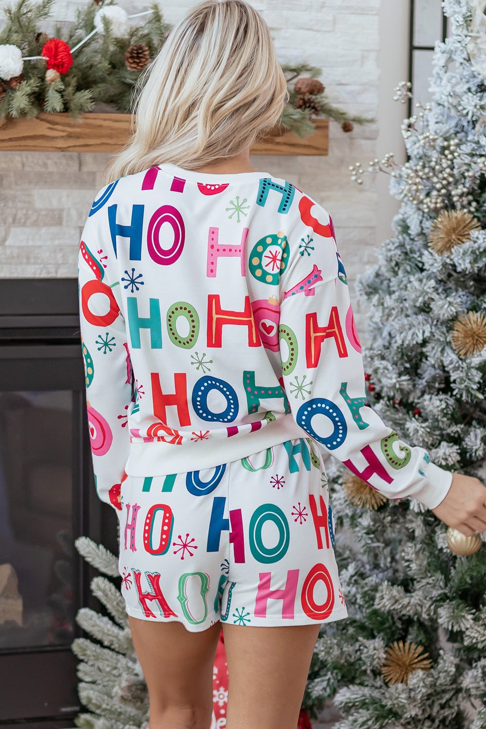 White Ho Ho Ho Christmas Print Lounge Shorts Set