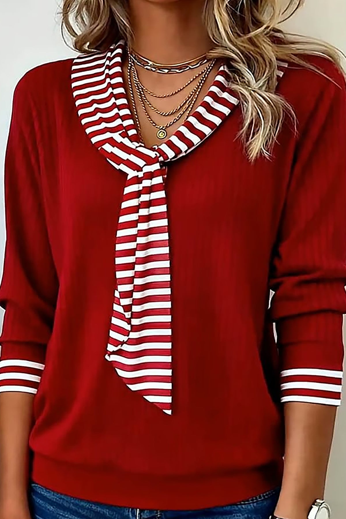 Red Dahlia Striped Tie Collar Long Sleeve Top