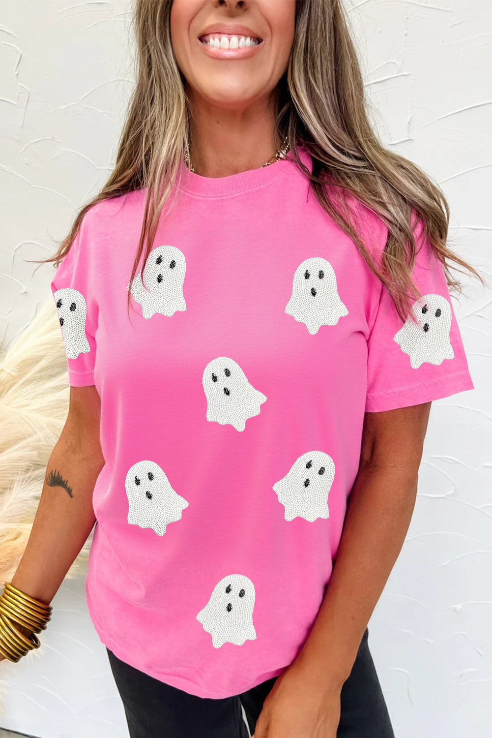 Black Sequin Halloween Ghost Patched Casual T-Shirt