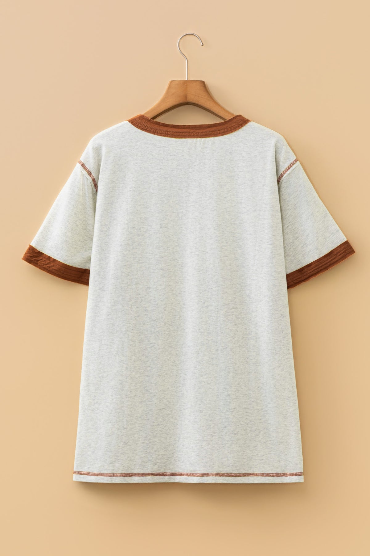 Light Grey Plus Size Distressed Color-Block Trim Cotton Henley Tee