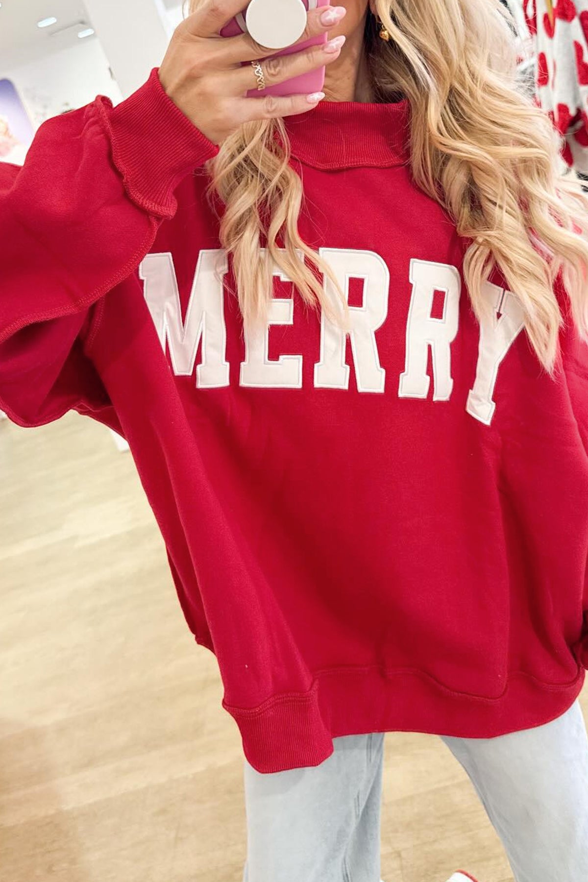 Blackish Green MERRY Embroidered Letter High Neck Tunic Sweatshirt