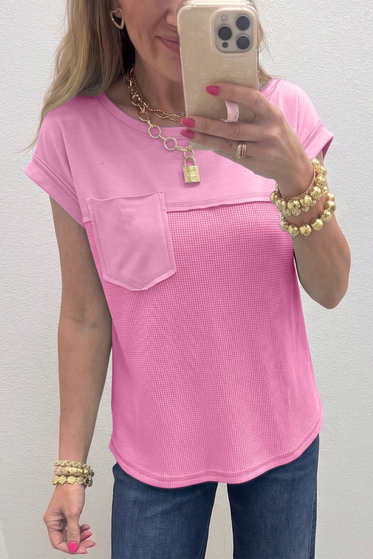 Pink Solid Color Raw Seam Waffled Patchwork Casual T Shirt