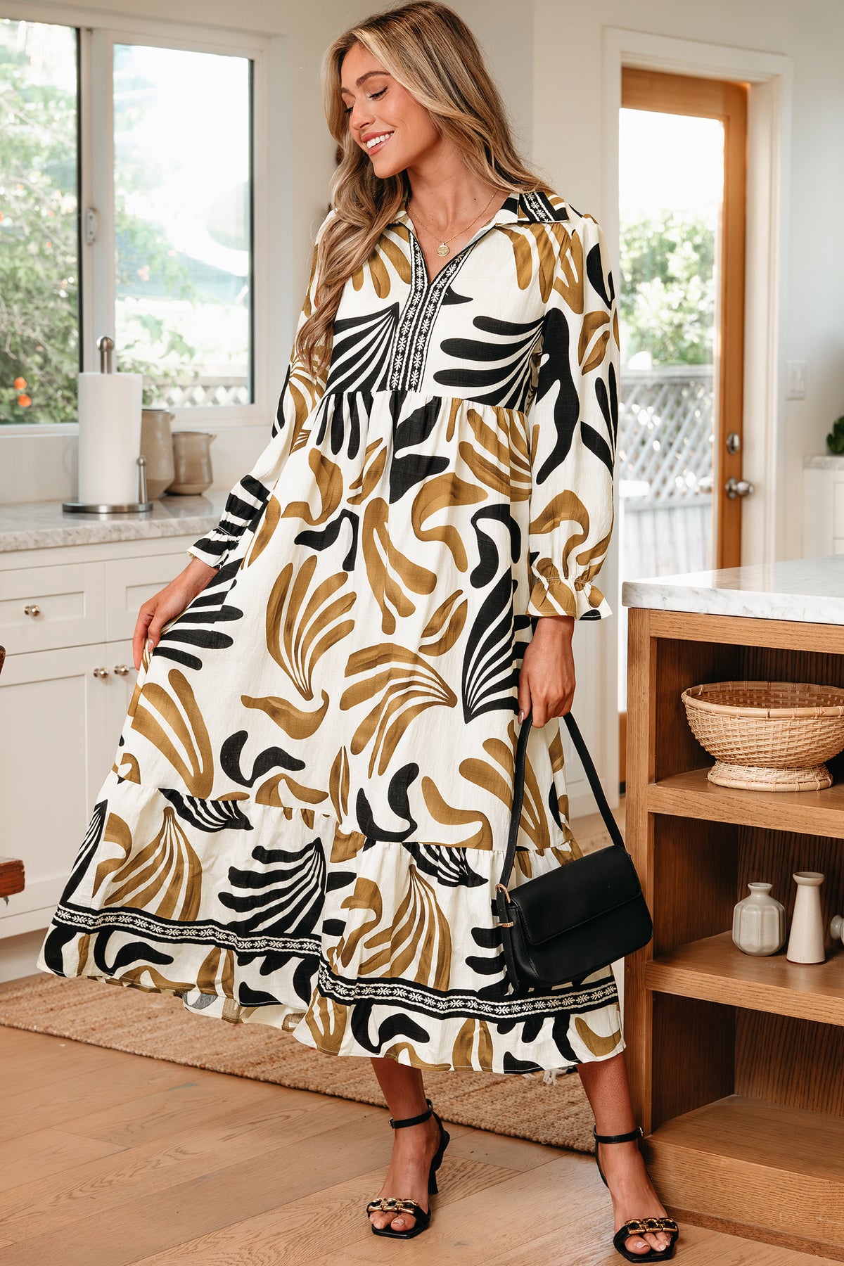 Brown Tropical Contrast Trim Neck Long Sleeve Ruffle Hem Dress