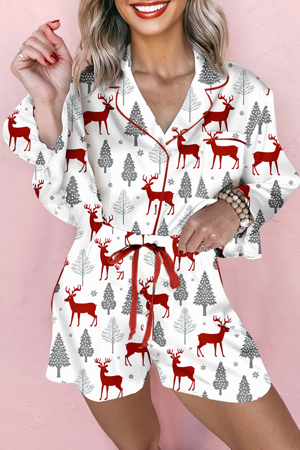 White Christmas Print Velvet Trim Bow Knot Pajama Shorts Set